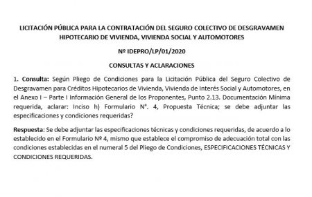 CONSULTAS Y ACLARACIONES: Licitación pública para la contratación del Seguro Colectivo de Desgravamen Hipotecario de vivienda, vivienda social y automotores