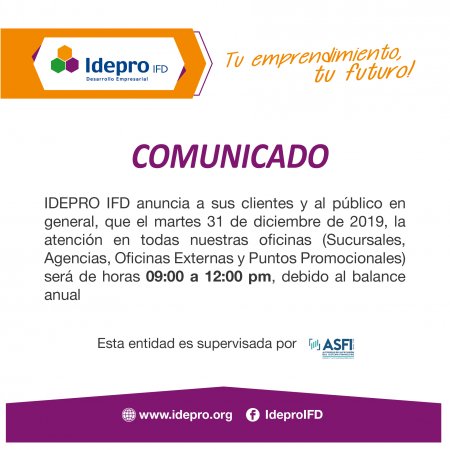 COMUNICADO: Atención martes 31 de diciembre | Noticias y comunicados |  Idepro IFD - Desarrollo Empresarial